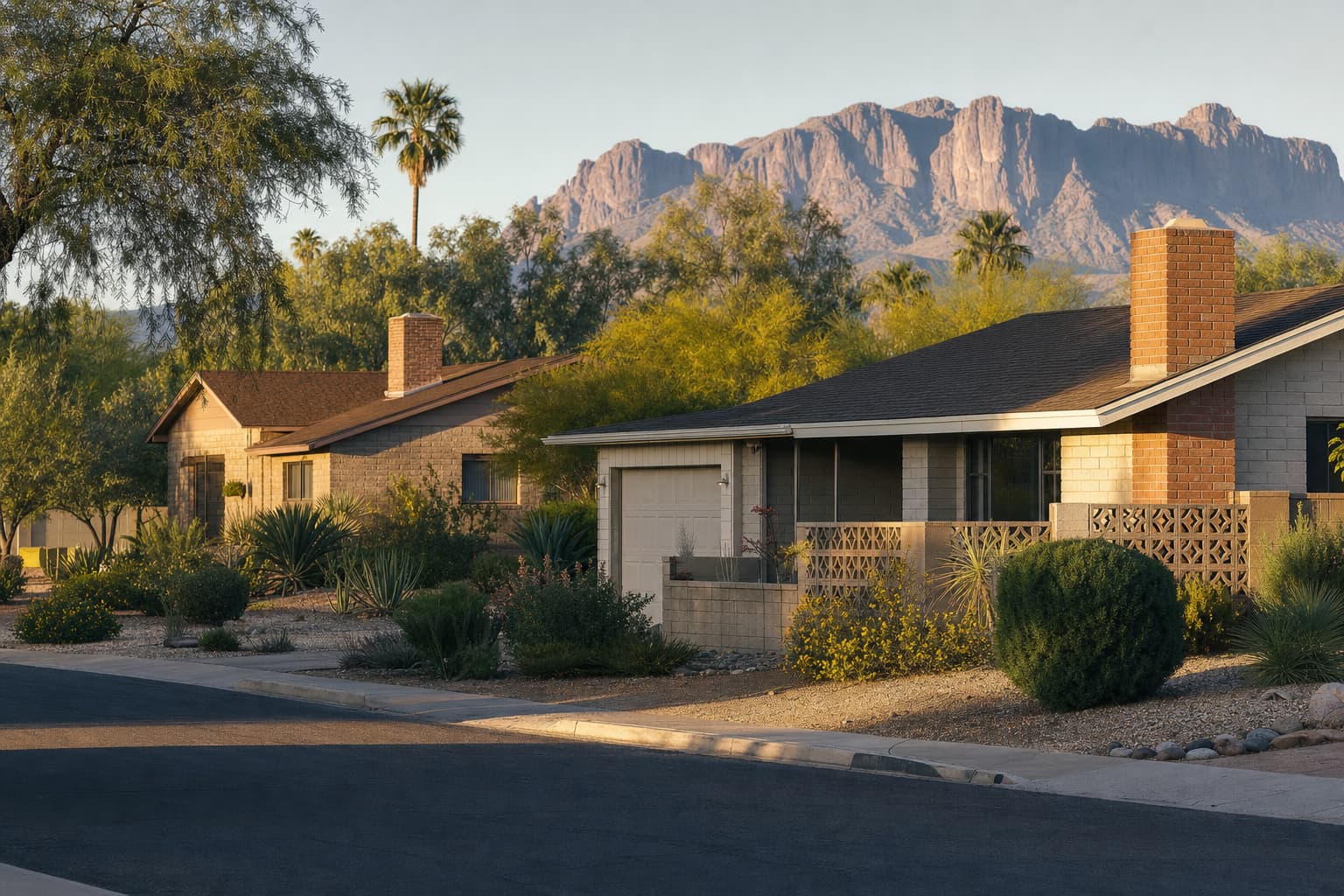 Residential architecture and desert landscape characteristic of Mesa, Arizona