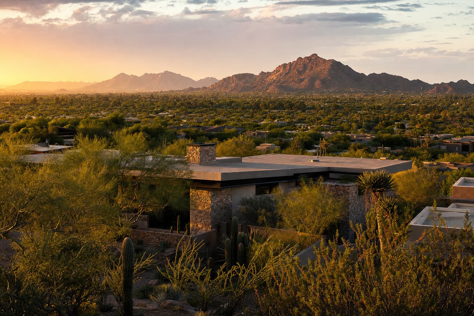 Golden-hour view over Phoenix Valley residential rooftops with desert mountains in the distance