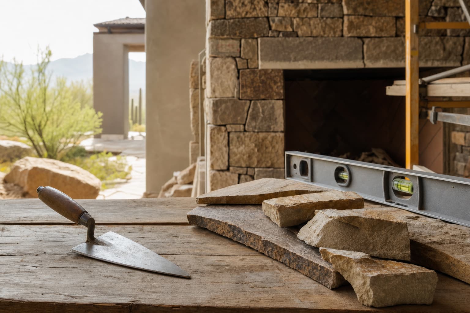 Masonry tools and natural stone samples beside a fireplace under construction