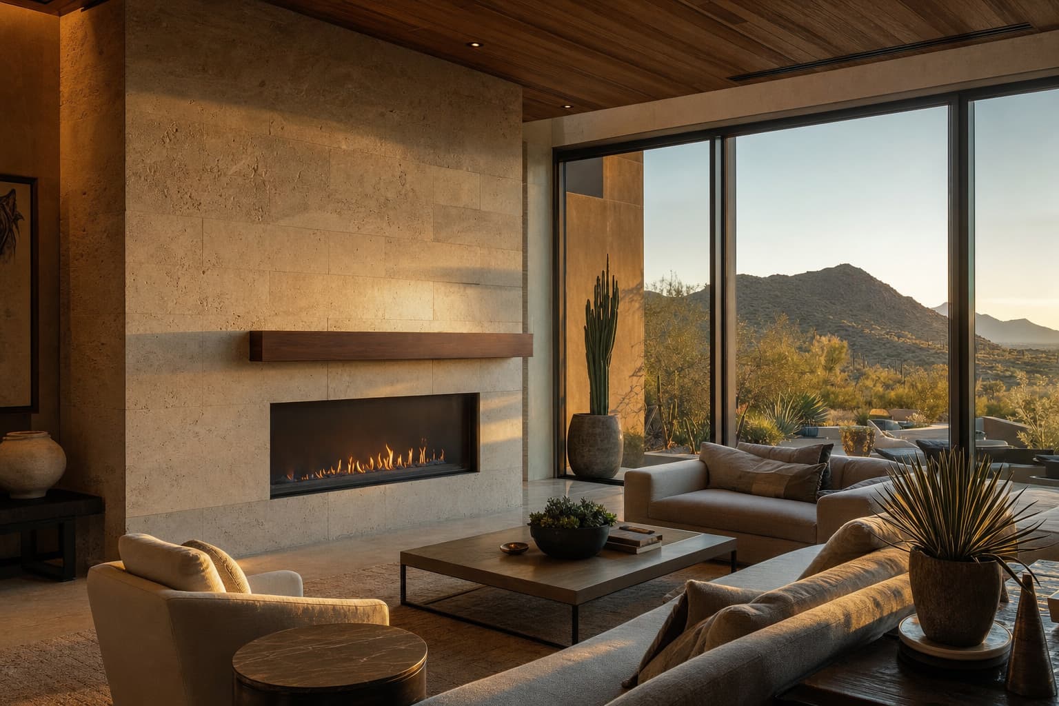 Modern limestone fireplace in a luxury Arizona living room with floor-to-ceiling windows and mountain views at golden hour