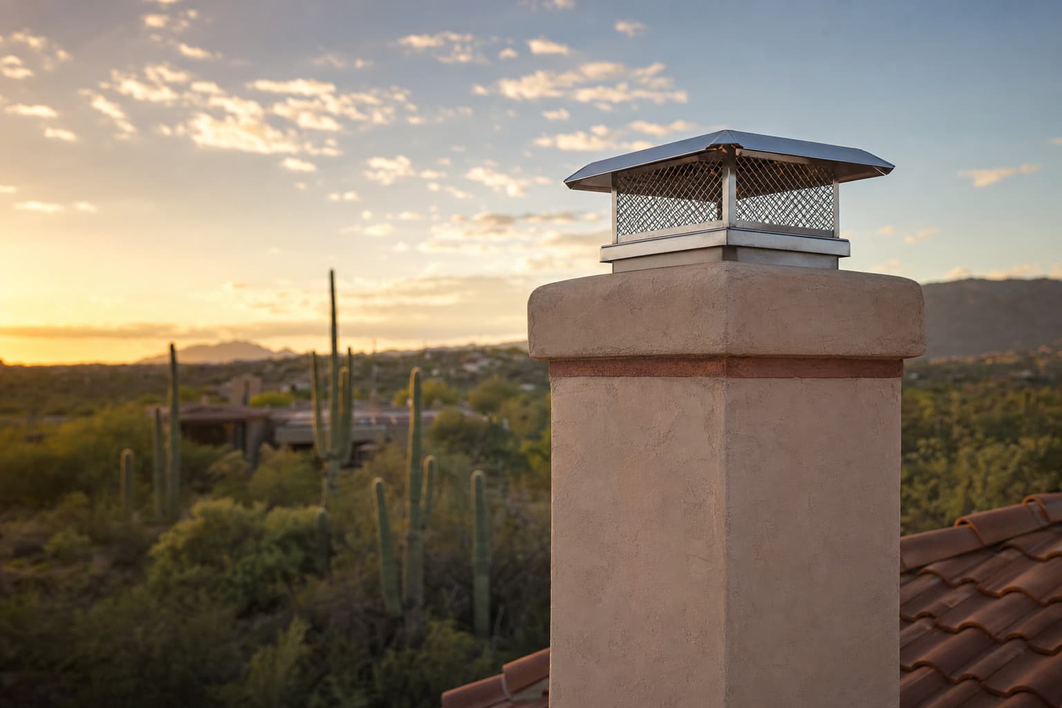 Stainless steel chimney cap with mesh screening installed on a rooftop chimney
