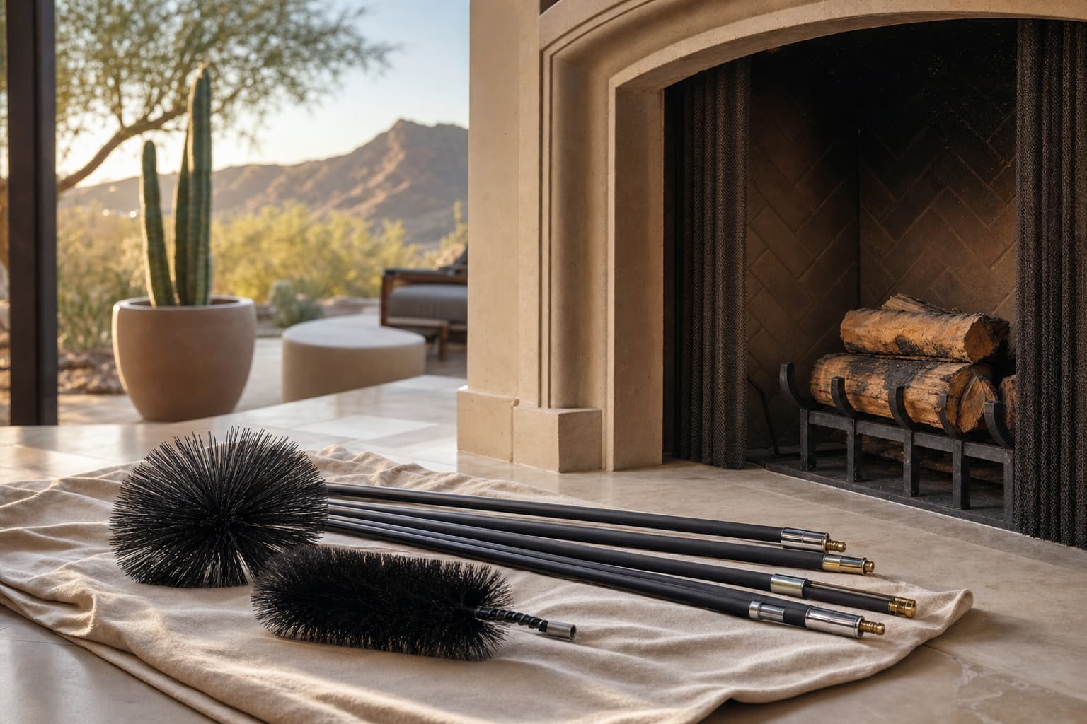 Professional fireplace maintenance cleaning equipment beside a clean hearth