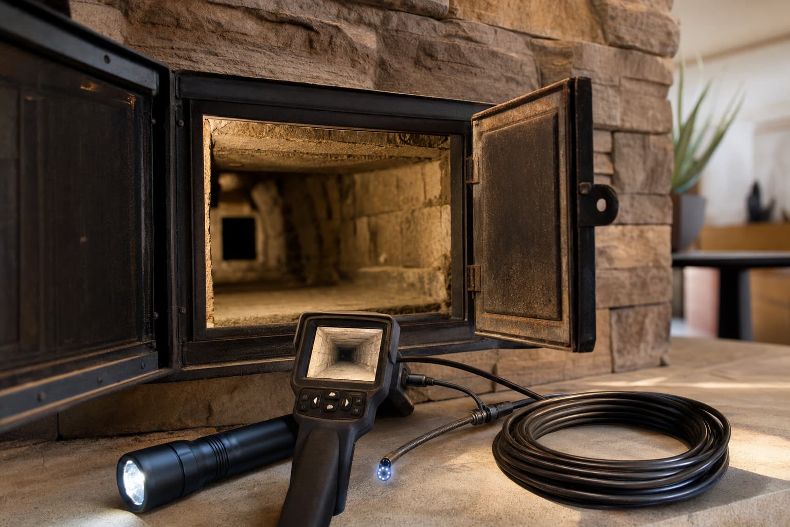 Inspection light and camera beside an open fireplace damper showing the flue interior