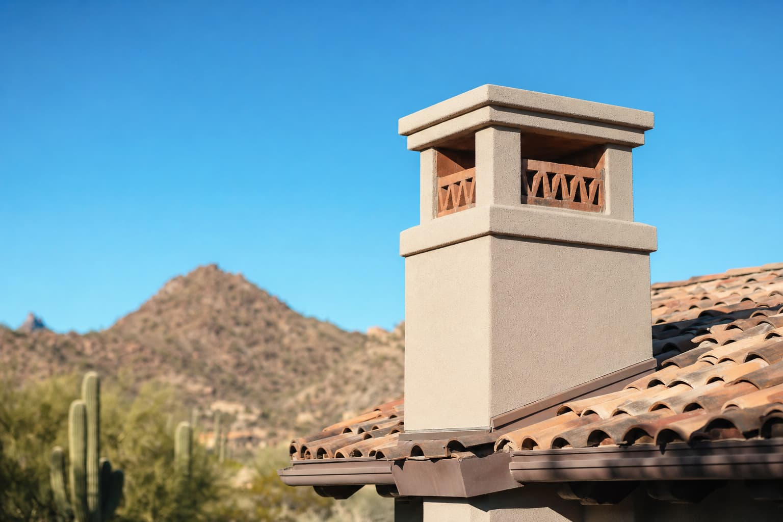 Close-up of masonry chimney repair work on an Arizona home