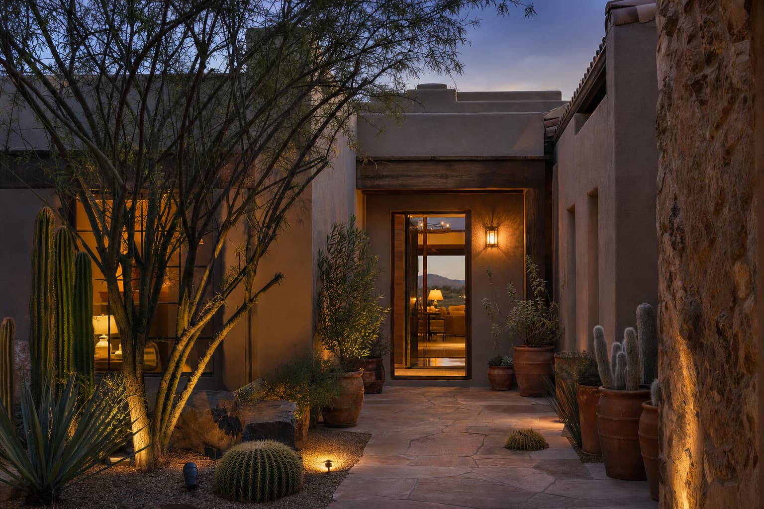 Warm Arizona home entry courtyard at dusk with glowing interior light