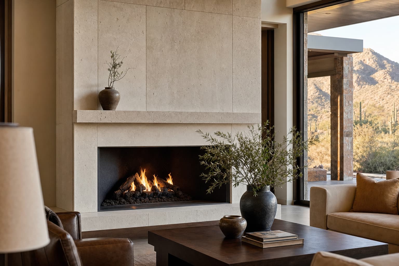 Remodeled limestone fireplace with minimal mantel as the centerpiece of a desert home