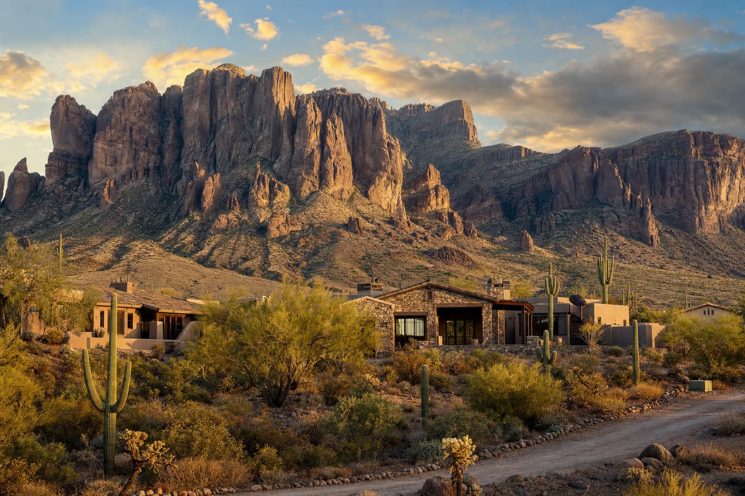 Residential architecture and desert landscape characteristic of Apache Junction, Arizona
