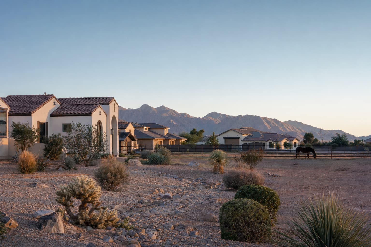 Residential architecture and desert landscape characteristic of Queen Creek, Arizona