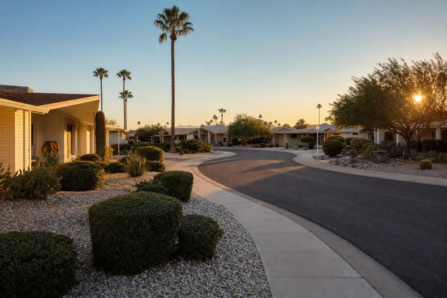 Residential architecture and desert landscape characteristic of Sun City, Arizona
