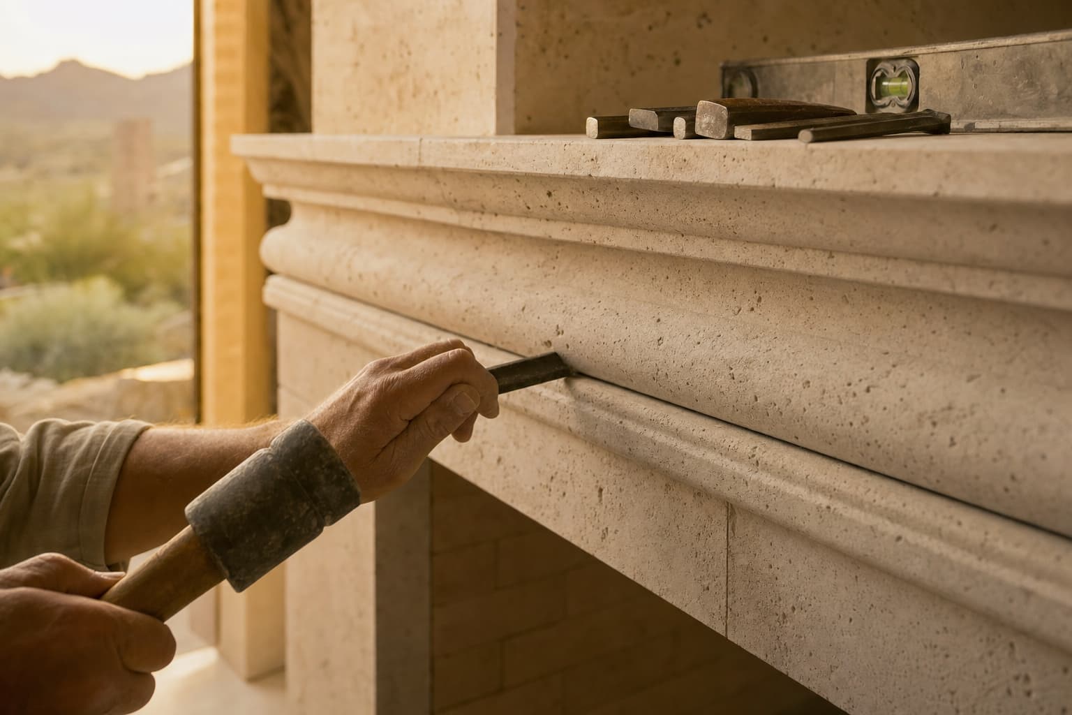 Craftsman's hands finishing a natural limestone fireplace surround detail