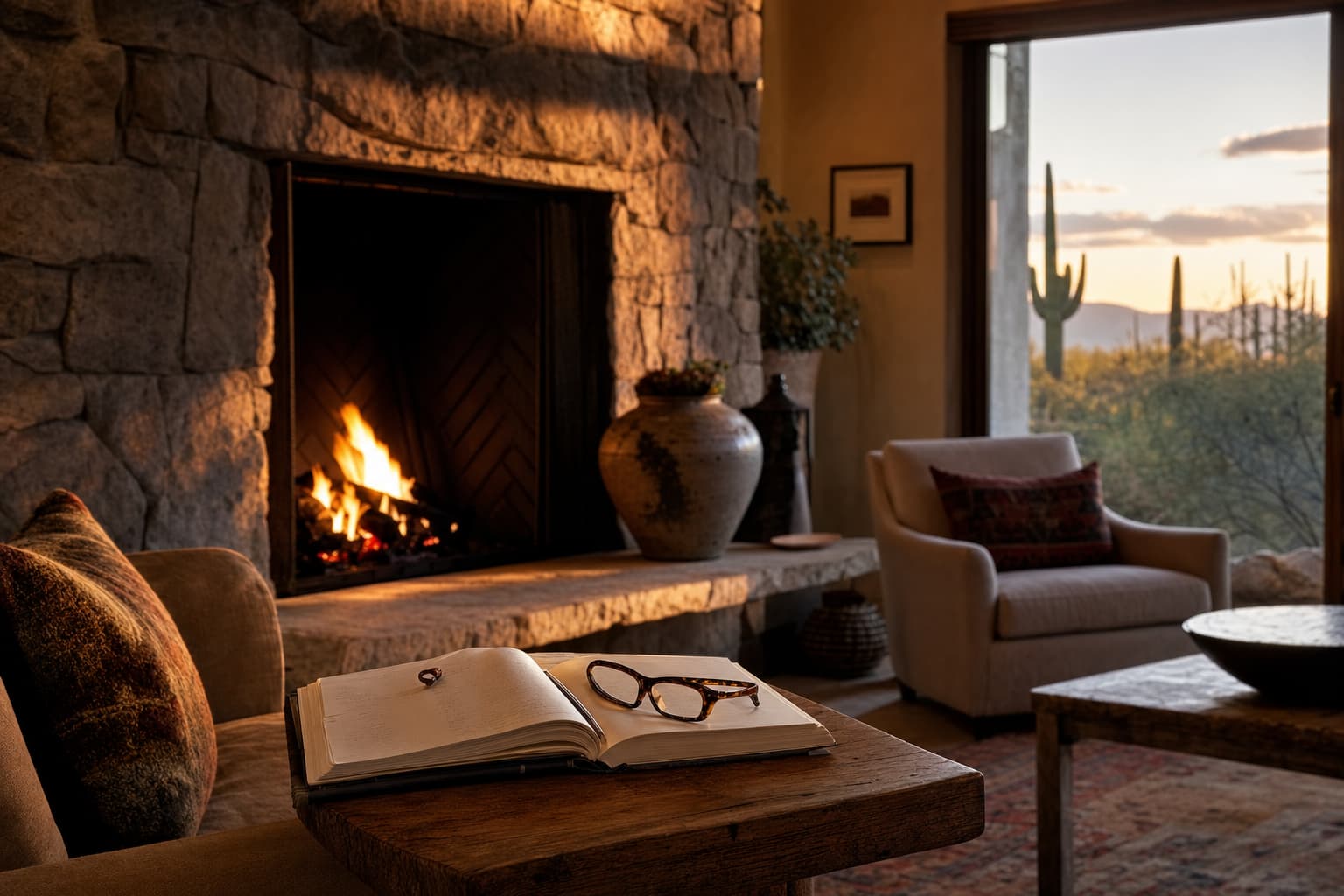 Open notebook and reading glasses beside a softly burning stone fireplace