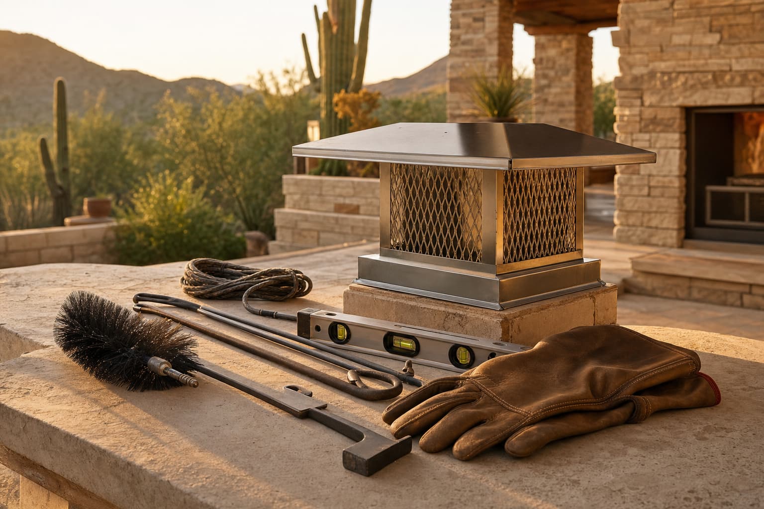 Professional chimney service tools and a stainless chimney cap arranged on warm travertine stone